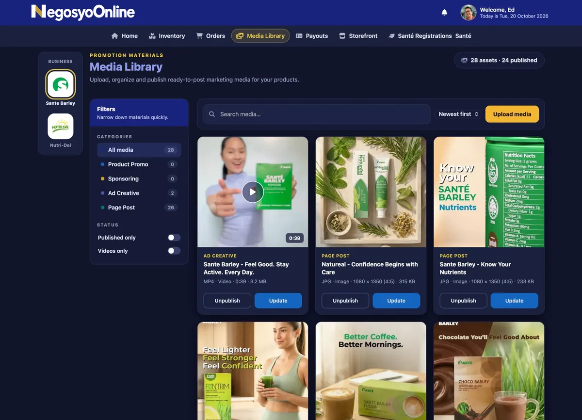Merchant dashboard Media Library page with promotion materials