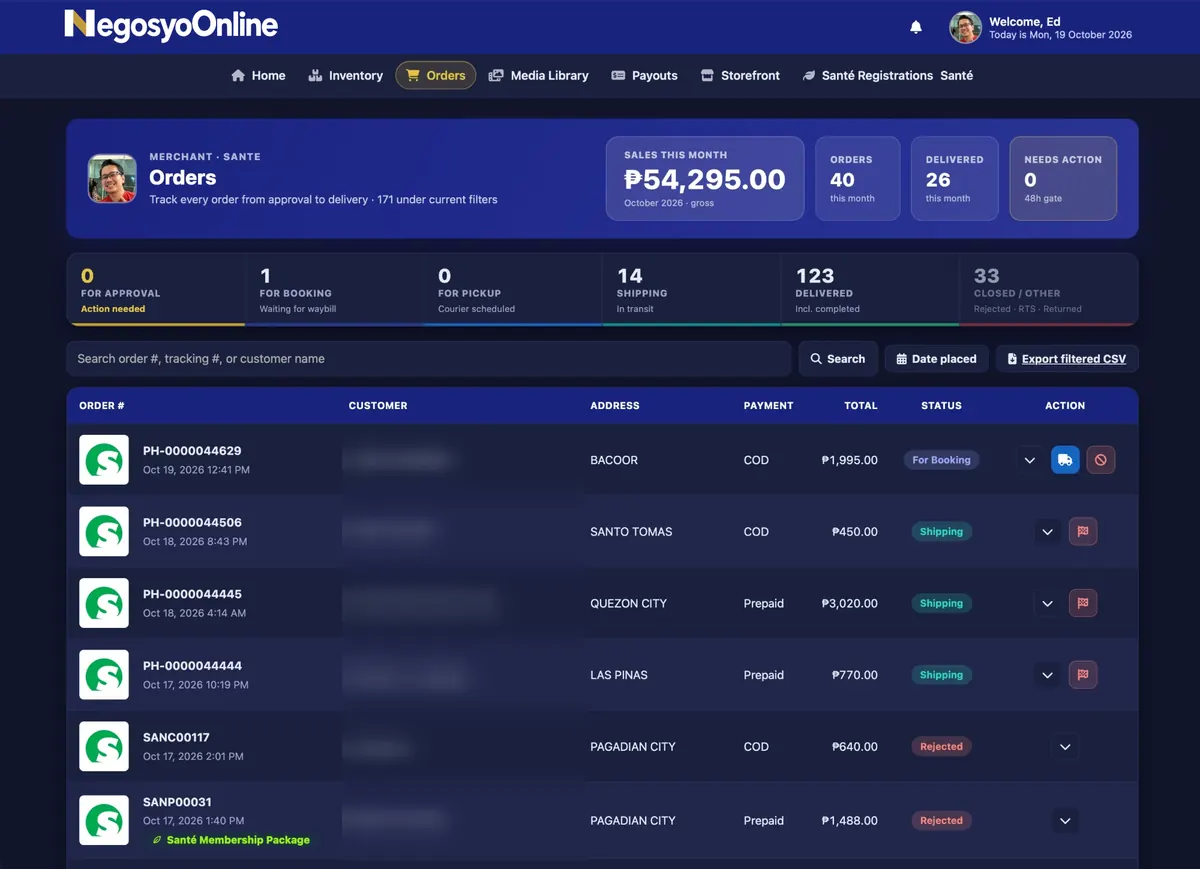 Merchant dashboard Orders page listing orders with status and payment type; customer names are blurred