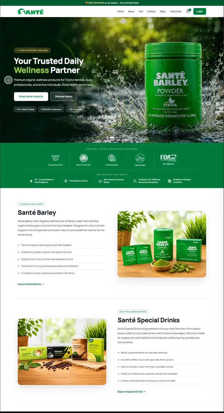 Sant&eacute; online store homepage showing barley wellness products