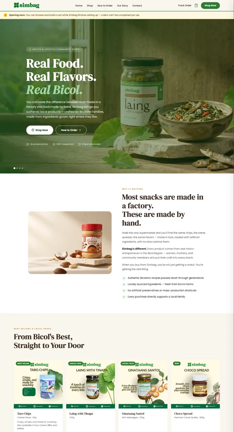 Simbag online store homepage showing Bicol food products
