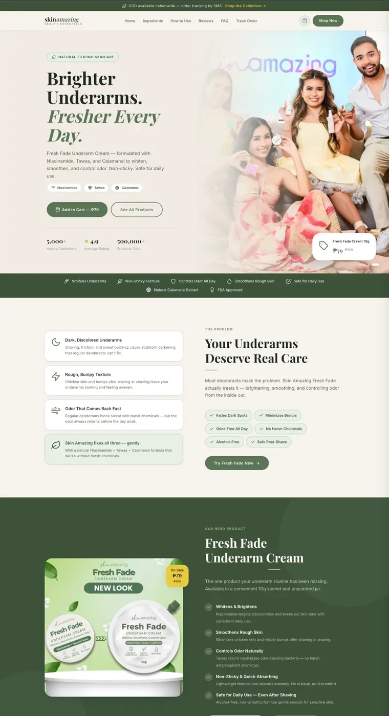 Skin Amazing online store homepage showing underarm cream